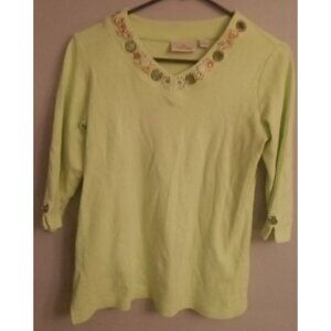 Quacker Factory Womens XS Green Sequins Blinged V Neck Pullover